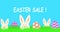 Easter sale text animation. 4k resolution. 5, 10 , or 25 percent discount. Easter sale banner with three funny white rabbits