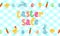 Easter sale vector cute banner with colored ornate eggs, cartoon chiken and Easter banny, rabbit on white blue traditional tablecl