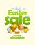 Easter sale vector design with basket and colored eggs, pastry, honey and flowers