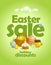 Easter sale web banner vector template with traditional Easter food basket with colored eggs, pastries and honey