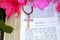 Easter scripture closeup with bright pink azaleas