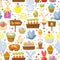 Easter seamless background.Religious holiday pattern from rabbit, pigeon, colored eggs, chickens and other traditional