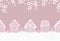 Easter seamless border. Gingerbread village. Spring landscape. Pink gingerbread houses, blooming branches trees, eggs