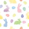 Easter seamless gentle vector pattern with bunnies and easter eggs over white background. Easter holiday decor for website,