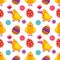 Easter seamless pattern chicken with flower and painted eggs