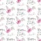 Easter seamless pattern with cute cartoon bunny faces and hand lettering happy Easter text, watercolor Easter illustration