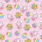 Easter seamless pattern with cute rabbits, flowers and colorful eggs on pink background for kid wallpaper