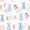 Easter seamless pattern with the cute rabbits. Summer background with hares, carrots and flowers. For paper, covers, fabric