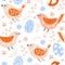 Easter seamless pattern with cute various birds, eggs, flowers and leaves.