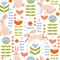 Easter seamless pattern with cute various bunnies, flowers and leaves.