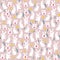 Easter seamless pattern with decorated egg hunt bunny smiling characters silhouettes. F