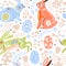 Easter seamless pattern with decorative bunny, various colored eggs, flowers and leaves.