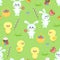 Easter seamless pattern on green background. Cartoon cute white bunny, yellow chicken, cake, basket, colored egg, butterfly, grass