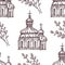 Easter seamless pattern with hand drawn church and pussy-willow twig