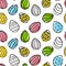 Easter seamless pattern with hand drawn eggs colored with paint spots. Holiday design for background or wallpaper. Vector