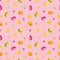Easter seamless pattern. Hand drawn illustration is isolated on pink. Painted watercolor chick, eggs, hearts