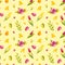 Easter seamless pattern. Hand drawn illustration is isolated on yellow. Painted chickens, colored eggs and flowers