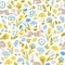 Easter. Seamless pattern with jumping easter bunnies, flowers, eggs. Cute texture for the design of surfaces.