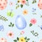 Easter seamless pattern on a pastel blue background. Watercolor eggs, spring flowers, and butterflies illustration