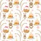 Easter seamless pattern with rabbit, egg basket, cake, willow. Endless Spring background, texture, digital paper