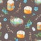 Easter seamless pattern.Spring flowers,eggs,cake. Watercolor holiday illustration with willow,blue forget-me-nots on a