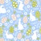 Easter seamless pattern with various silhouette bunnies, eggs, flowers and leaves.