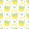 Easter seamless pattern with yellow basket and bouquet of flowers on a transparent background. Vector hand-drawn illustration for