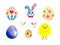 Easter set: bright eggs, baby bunny rabbit and a fluffy chicken.