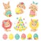Easter set with bunnies, sheep and eggs. Cartoon vector illustration