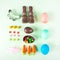 Easter set knolling eggs, carrots, chocolate bunny, cookie cutter Candy