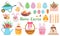 Easter set, rabbit, eggs, basket, flowers and cake. Vector Illustration for backgrounds, covers, packaging, greeting cards,