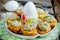 Easter snack stuffed eggs deep fried and filled with tuna, yolk, dill and mayonnaise