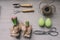 Easter and spring preparations. Hyacinth, eggs and garden tools on table, top view
