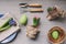 Easter and spring preparations. Hyacinth, eggs and garden tools on table, top view