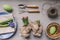 Easter and spring preparations. Hyacinth, eggs and garden tools on table, top view