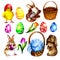 Easter spring set with cute eggs, chicks, bunny, baskets, eggs, flowers. Isolate on a white background.