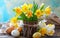 Easter still life with bouquet of daffodils in vase from bark of wood and Easter egg