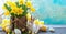 Easter still life with bouquet of daffodils in vase from bark of wood, Easter eggs and cute rabbit