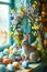 Easter still life with festive Easter wreath, multi color Easter eggs and bunnies