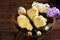 Easter still life with three chickens in vintage metal bowl