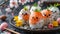 Easter sushi in the shape of cute chickens, background with flowers