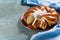 Easter sweet bread. Wicker homemade sliced bread.