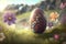 Easter sweets. Generative AI. Large chocolate egg with a floral pattern on a grassy background on a spring sunny day.