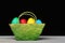 Easter symbol on grey table. Easter decor: green cloth basket