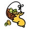 Easter symbols. Easter eggs in a basket, rabbit. Doodle elements.