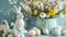 Easter table with easter eggs and spring flowers and and a porcelain white figurine of a rabbit