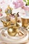 Easter table setting with golden color decors on the plate