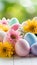 Easter themed arrangement pastel eggs, flowers against soft focus backdrop