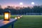 A easter themed soccer stadium at dawn, the early morning light casting a serene glow.