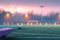 A easter themed soccer stadium at dawn, the early morning light casting a serene glow.